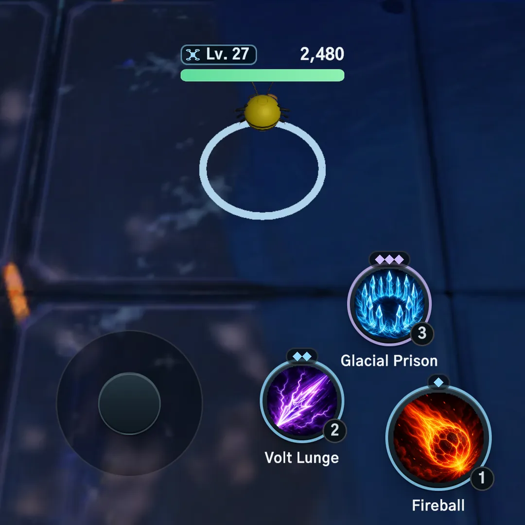 Your drone in the Dungeon, with its level and health bar, the joystick and three abilities: Glacial Prison, Volt Lunge and Fireball.